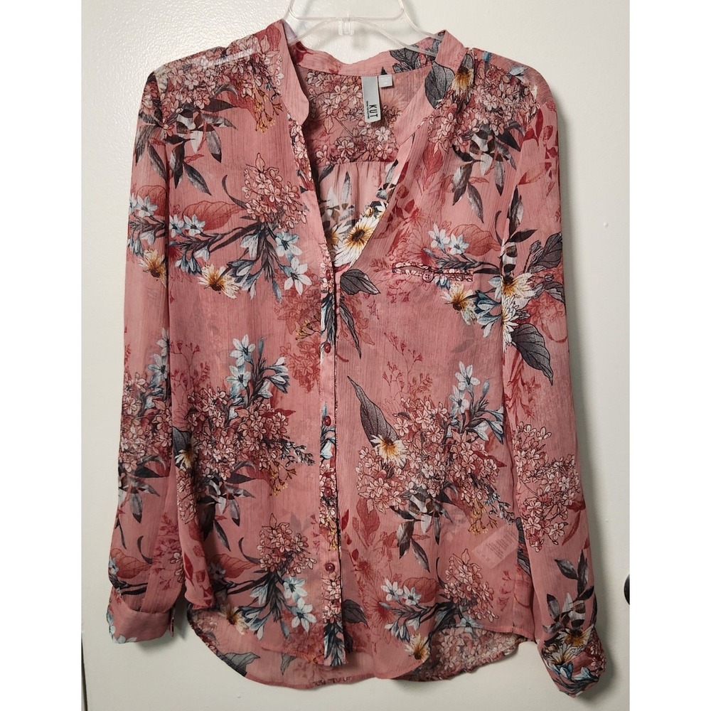 Kut from the Kloth Women's Medium Sheer Blouse Dusty Rose Floral Button Front‎